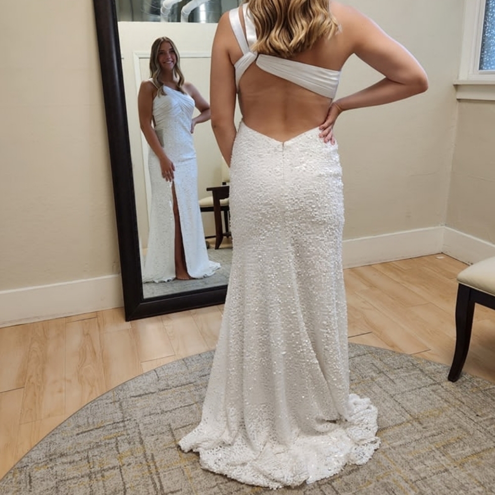 Size 8 White One Shoulder ruched satin and sequin sheath w/ slit by Riva NWT